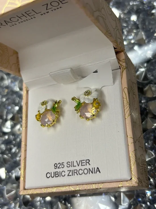 Rachel Zoe Gold-Tone Pink and Green Cubic Zirconia Stud Earrings - Picture 5 of 6